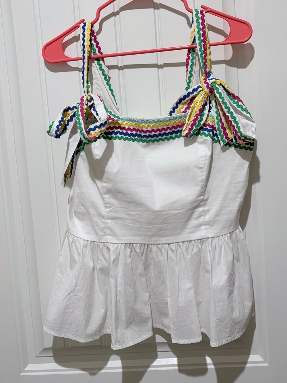 Crown & Ivy White Peplum Top Rainbow Ric Rac Tie Strap Tank M